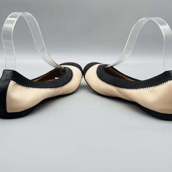 Stuart Weitzman Shoes Women 6.5 Beige Black Leather Ballet Flats Cap Toe Slip On - Picture 6 of 11